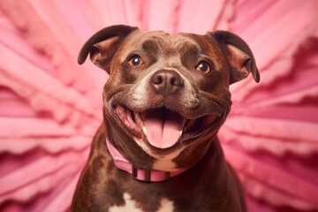 Close-up portrait photography of a smiling staffordshire bull terrier wearing a fairy wings against a coral pink background. With generative AI technology - obrazy, fototapety, plakaty