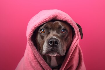 Headshot portrait photography of a funny staffordshire bull terrier wearing a thermal blanket against a coral pink background. With generative AI technology