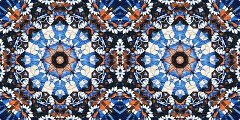 Indigo blue white vibrant watercolor batik azulejos tile border banner background. Seamless coastal blur linen effect geometric mosaic effect.Boho Patchwork nautical masculine summer ribbon trim. 