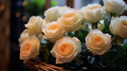 White roses in a wicker basket on the windowsill. Bouquet of white roses. Mother's day concept with a space for a text. Valentine day concept with a copy space.