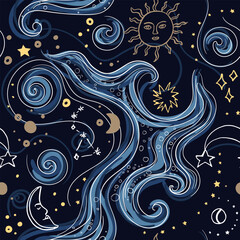 vector seamless pattern illustration - Whimsigothic sky - gold sun, white moon, blue waves and stars, mystical sky, surrealism. For wallpaper, fabric design, summer clothes