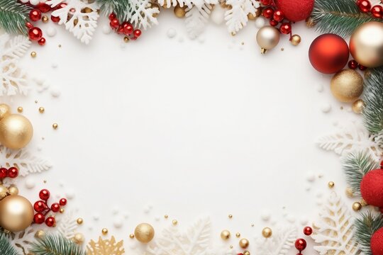 Christmas frame of spruce, red & gold christmas decorations on white background. Copy space. New Year lights. Flat lay. generative ai.