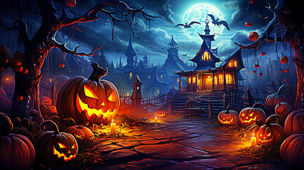 Halloween background with pumpkins, witch's house and moon. selective focus. 