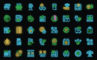 Clean technology icons set outline vector. City eco. Future energy neon color on black