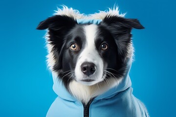 Lifestyle portrait photography of a cute border collie wearing a ski suit against a cerulean blue background. With generative AI technology
