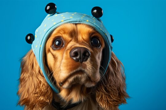 Headshot portrait photography of a funny cocker spaniel wearing a bee costume against a cerulean blue background. With generative AI technology
