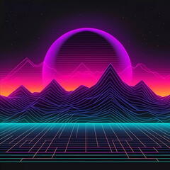 Retro synth wave style futuristic landscape ,80s Retro Sci-Fi Background.Neon sunset.