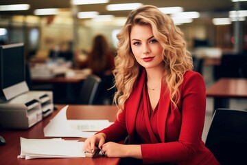 Plus size business manager in the office signing documents pretty satisfied face, boss blonde woman 30 years old in office red clothes.