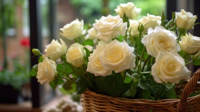 White roses in a basket on the windowsill. Selective focus. Mother's day concept with a space for a text. Valentine day concept with a copy space.