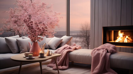 Fototapeta premium cozy room with sofa and kamin with view from window on rainy evening street