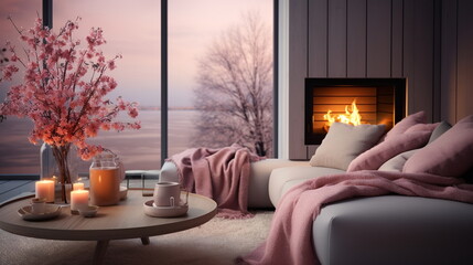 Fototapeta premium cozy room with sofa and kamin with view from window on rainy evening street