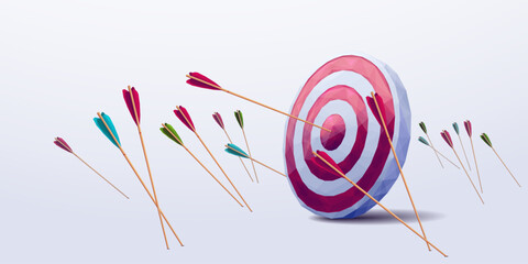 Polygonal Many arrows missed hitting target mark. Purposefulness and perseverance concept. Shot miss. Multiple failed inaccurate attempts to hit archery target and one arrow straight to the point. 