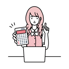 a woman in clerical uniform recommending, proposing, showing estimates and pointing a calculator with a smile in front of laptop pc