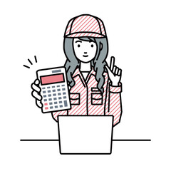 a blue-collar worker woman recommending, proposing, showing estimates and pointing a calculator with a smile in front of laptop pc
