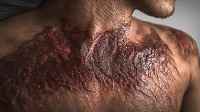 Male breast with severe skin burns with scarring and lesions