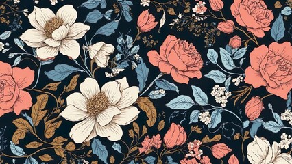 Seamless pattern with floral design and hand drawn elements

