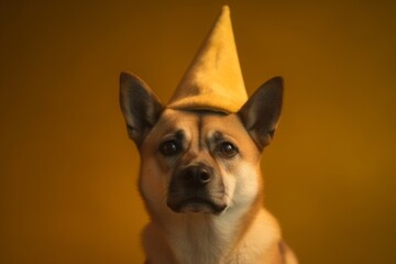 Medium shot portrait photography of a funny akita wearing a wizard hat against a gold background. With generative AI technology