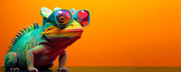 chameleon wearing sunglasses on a solid color background, vector art, digital art, faceted, minimal, abstract, panorama background. Generative AI.  - obrazy, fototapety, plakaty