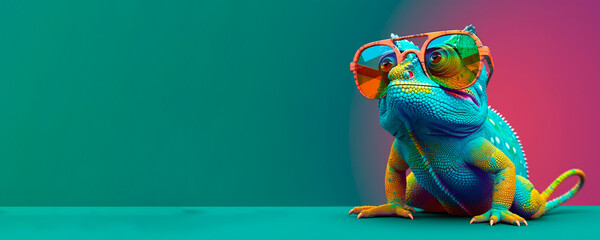 chameleon wearing sunglasses on a solid color background, vector art, digital art, faceted, minimal, abstract, panorama background. Generative AI.  - Powered by Adobe