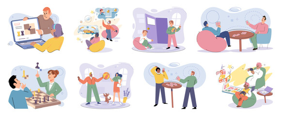 Fototapeta premium Game together. Family fun. Friendship time. Vector illustration. Engaging in board game brings people closer and encourages healthy competition People playing games together discover new aspects of