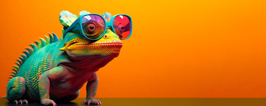 Naklejki chameleon wearing sunglasses on a solid color background, vector art, digital art, faceted, minimal, abstract, panorama background. Generative AI. 