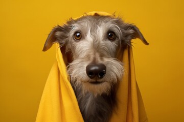 Close-up portrait photography of a cute scottish deerhound wearing a plush robe against a gold background. With generative AI technology