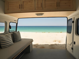 Fototapeta premium Beach scene seen by camper inside camper van