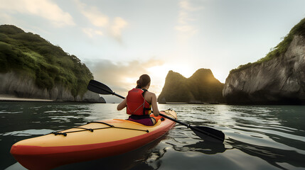 Rear view of woman kayaking in lake with background of beautiful landscape.