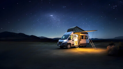 Van car under stars during midnight. Van life - obrazy, fototapety, plakaty
