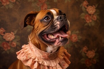 Close-up portrait photography of a smiling boxer dog wearing a frilly dress against a copper brown background. With generative AI technology