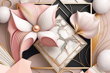 Jewelry textured floral 3d vector background. Luxury gemstones marble pattern ornament illustration with surface 3d flowers, gold lines, frames, pearls. Beautiful ornate modern 3d design. Art Deco