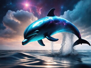 Dolphin leaping out of the water with a cosmic sky in the background