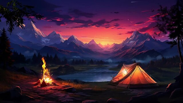 Camping in the mountains at night, with bonfire, and tent, beautiful view background looping Cartoon or anime illustration style