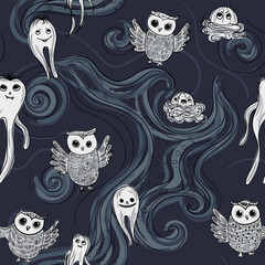 Owl and ghost. Monster Mash, mysterious and spooky pattern, a monster menagerie for Halloween. Design for home decor, adorable apparel and creepy craft projects. Vector seamless pattern