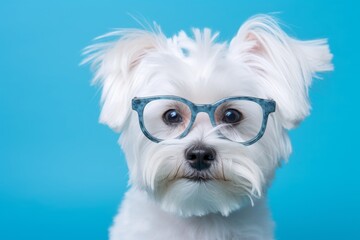 Photography in the style of pensive portraiture of a smiling maltese wearing a hipster glasses against a periwinkle blue background. With generative AI technology