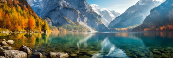 Majestic Mountains of Salzkammergut, Austria Reflected in the Beautiful Blue Waters of Gosausee Lake - obrazy, fototapety, plakaty