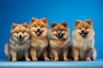 Group portrait photography of a funny finnish spitz wearing a paw protector against a periwinkle blue background. With generative AI technology