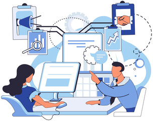 Fototapeta na wymiar Team solving complex problems. Teamwork vector illustration metaphor. People team working Employee asking questions concept Cross functional team collaboration for common goal Business solution,