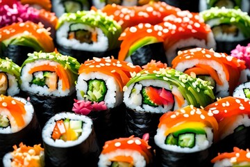 High-definition capture of a colorful rainbow sushi roll. 