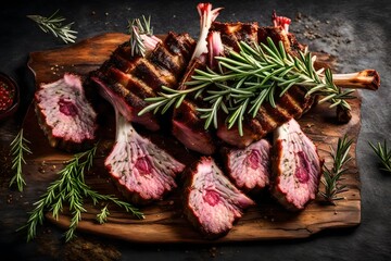 Intriguing view of a succulent rack of lamb with rosemary garnish. 