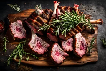Foto op Plexiglas Intriguing view of a succulent rack of lamb with rosemary garnish.  © Imtisal