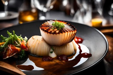 Dazzling portrayal of a perfectly seared scallop dish in a chic restaurant. 