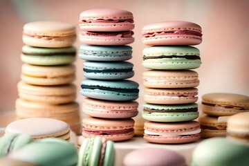 Refined image of a French macaron tower with pastel hues. 