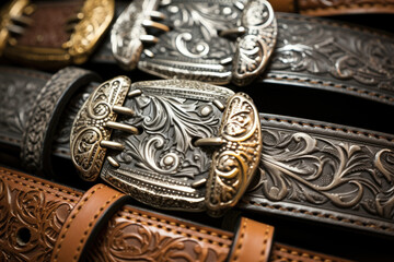 Gleaming Metal Masterpieces: A Close-Up of Intricate Belt Buckles adorning Fashionable Waistlines