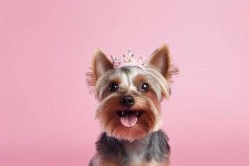 Medium shot portrait photography of a smiling yorkshire terrier wearing a princess crown against a minimalist or empty room background. With generative AI technology