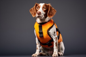 Studio portrait photography of a cute brittany dog wearing a life jacket against a minimalist or empty room background. With generative AI technology - obrazy, fototapety, plakaty
