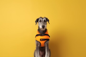 Medium shot portrait photography of a cute scottish deerhound wearing a life jacket against a minimalist or empty room background. With generative AI technology