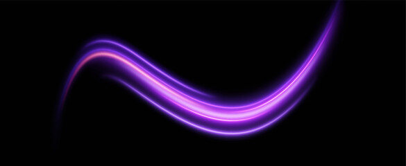 neon multicolored glowing swirl. The effect of movement with the speed of light pink purple color. Easy trail. Shiny wavy path. Vector.