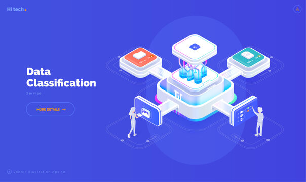System of electronic classification of corporate data. Monitor with data about system files. Classification of files, folders, reports, graphs. Isometric vector illustration 3d style on blue backgroun