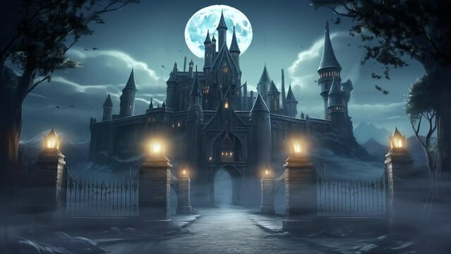 Fantasy night scene with gothic architecture castle with  Cartoon or anime illustration style